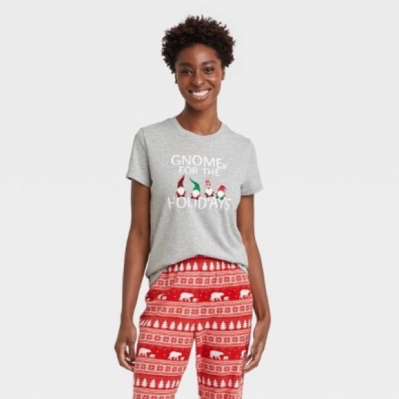 Women's Holiday Gnomes Matching Family T-Shirt and Plaid Fleece Pants Pj's Set - Picture 1 of 2